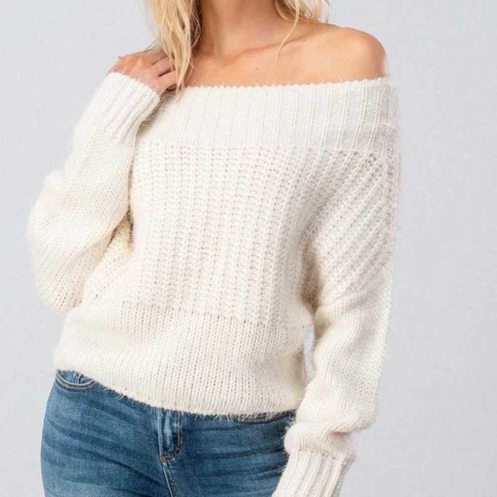ONLY 1 LEFT! Cream Lizzy Off Shoulder Sweater - Picture 3 of 4